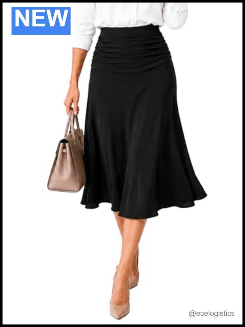 High Waist Ruched Midi Skirt Flowy A-Line Pull On Dressy Casual